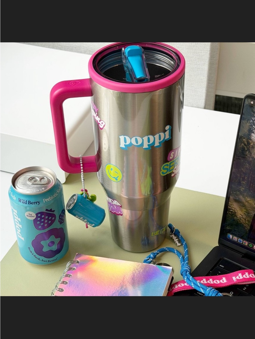 HydroJug X POPPI Stainless Travel Tumbler with Hot Pink Handle and Blue Charm